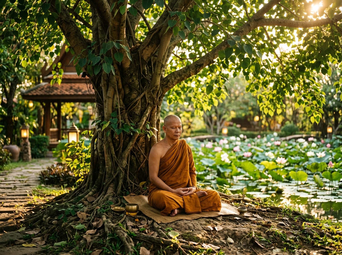 Venerable monk in tranquil meditation under Bodhi tree